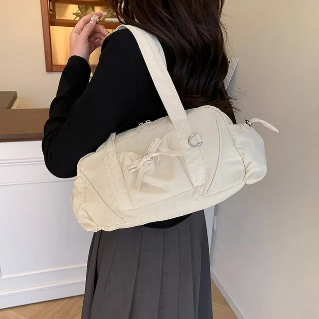 單倉 韩版芭蕾少女蝴蝶结设计初高中学生大容量通勤百搭手提包 尼龙 单肩包 女款 白色/绿色/灰色/卡其色/黑色
