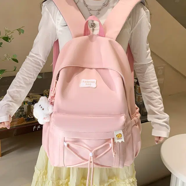 單倉 韩版软糯初高中学生通勤百搭大容量书包马卡龙简约休闲背包 斜纹布 双肩包 男女同款情侣款 黑色/粉红色/黄色/浅绿色/米色