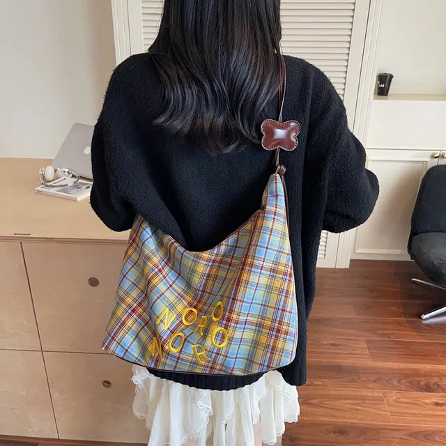 單倉 复古休闲慵懒风格子时尚设计轻便耐磨腋下斜挎包学院风初高中学生通勤百搭 布 单肩包 常规 女款 绿色/蓝色/黑色