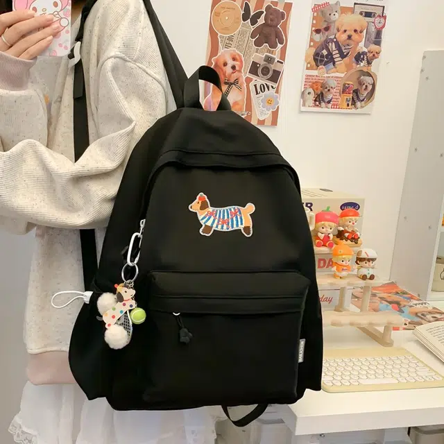 單倉 日系可爱腊肠狗书包初高中大学生简约百搭小清新卡通短途旅行 复合布 背包双肩包 男女同款情侣款 白色/蓝色/黑色/绿色