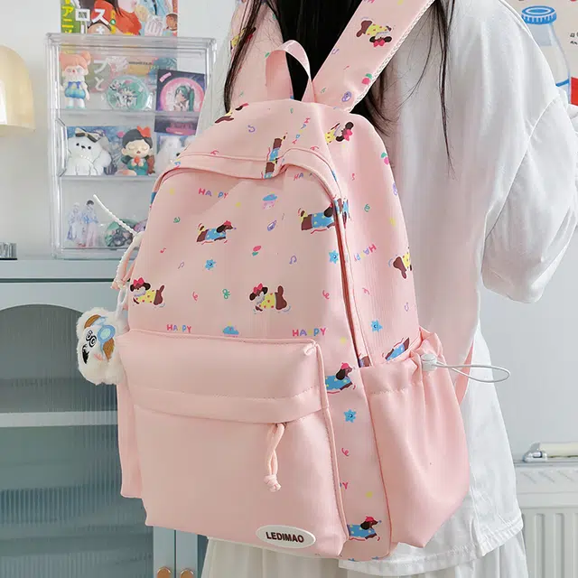 單倉 可爱印花时尚设计学院风通勤百搭学院风背包初高中学生大容量轻便耐磨书包 尼龙 双肩包 常规 女款 粉色/蓝色/黄色/绿色