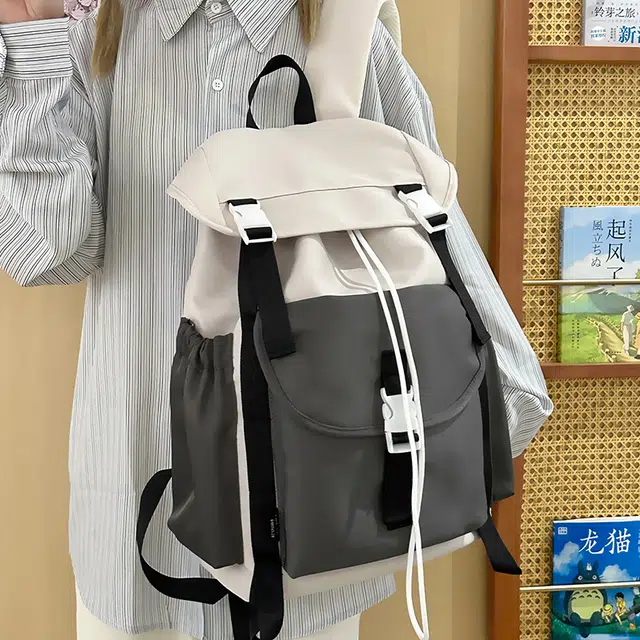 單倉 小众时尚撞色百搭潮流初高中学生大容量 尼龙布 书包背包双肩包 常规 男女同款情侣款 蓝色/灰色/绿色/桔色