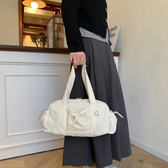 單倉 韩版芭蕾少女蝴蝶结设计初高中学生大容量通勤百搭手提包 尼龙 单肩包 女款 白色/绿色/灰色/卡其色/黑色