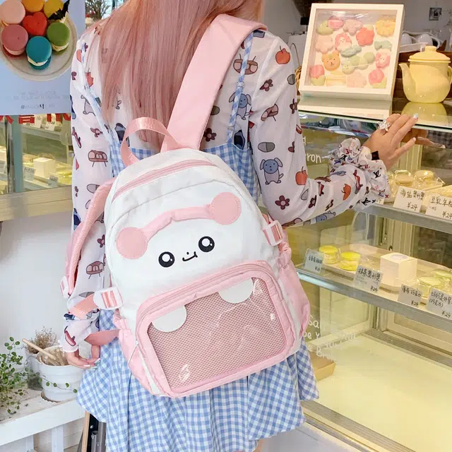 單倉 日系可爱卡通设计学院风轻便耐磨背包初高中学生大容量通勤百搭书包 尼龙布 双肩包 常规 女款 白色/粉色/蓝色/紫色/黑色