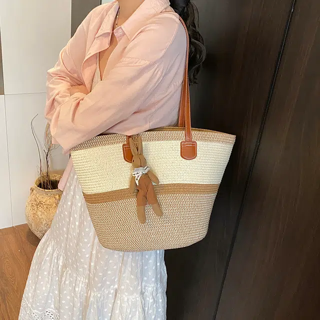 單倉 编织海边沙滩托特包 草编 手提单肩包 女款 卡其色/黑色
