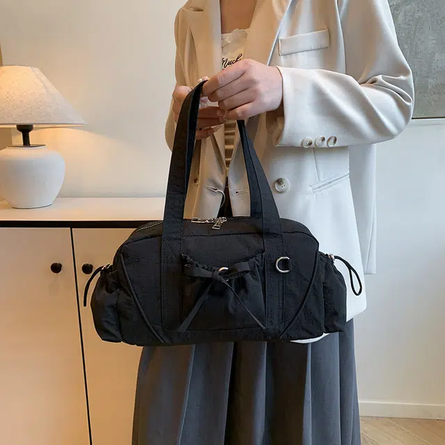 單倉 韩版芭蕾少女蝴蝶结设计初高中学生大容量通勤百搭手提包 尼龙 单肩包 女款 白色/绿色/灰色/卡其色/黑色