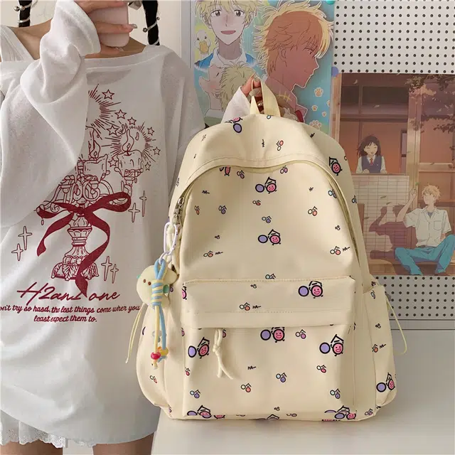 單倉 清新可爱卡通碎花设计感轻便耐磨背包初高中学生大容量通勤百搭书包 牛津布 双肩包 常规 男女同款情侣款 白色/黄色/蓝色/粉色