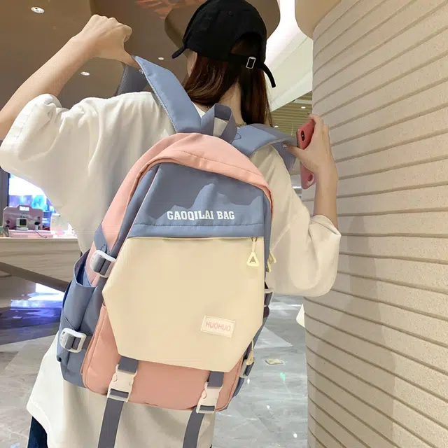 單倉 韩版休闲简约拼色初高中学生大容量通勤百搭背包 尼龙 双肩包 男女同款情侣款 多色