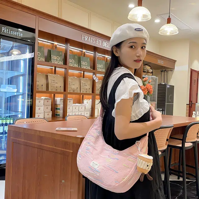 單倉 韩版高颜值初高中学生大容量斜挎包时尚设计百搭手提包帆布包 帆布 手拎单肩包 女款 白色/粉色/黄色/黑色