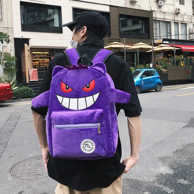 單倉 小众设计休闲百搭个性潮酷书包初高中学生大容量卡通搞怪吸睛 毛绒 电脑背包双肩包 常规 男女同款情侣款 黑色
