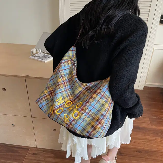 單倉 复古休闲慵懒风格子时尚设计轻便耐磨腋下斜挎包学院风初高中学生通勤百搭 布 单肩包 常规 女款 绿色/蓝色/黑色