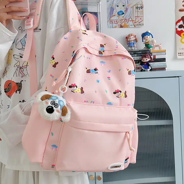 單倉 可爱印花时尚设计学院风通勤百搭学院风背包初高中学生大容量轻便耐磨书包 尼龙 双肩包 常规 女款 粉色/蓝色/黄色/绿色