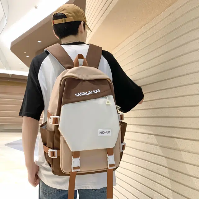 單倉 韩版休闲简约拼色初高中学生大容量通勤百搭背包 尼龙 双肩包 男女同款情侣款 多色