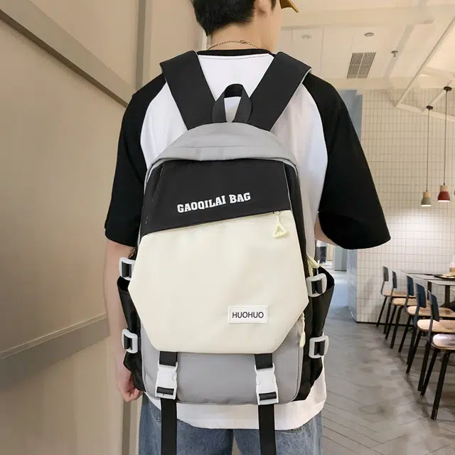 單倉 韩版休闲简约拼色初高中学生大容量通勤百搭背包 尼龙 双肩包 男女同款情侣款 多色