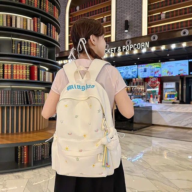 單倉 高颜值可爱印花时尚设计通勤百搭背包学院风初高中学生大容量轻便耐磨书包 尼龙 双肩包 常规 女款 白色/粉色/黄色/蓝色/绿色