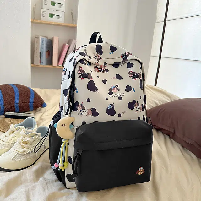 單倉 高颜值印花设计学院风轻便耐磨书包初高中学生大容量通勤百搭背包 尼龙 双肩包 常规 男女同款情侣款 黑色/粉色/蓝色/绿色/黄色