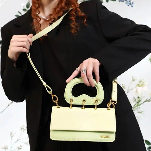 古袋人 原创高级感小众设计时尚百搭 牛皮 手提单肩斜挎包 小号 女款 绿色/浅黄色