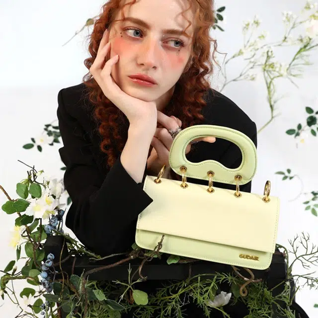 古袋人 原创高级感小众设计时尚百搭 牛皮 手提单肩斜挎包 小号 女款 绿色/浅黄色