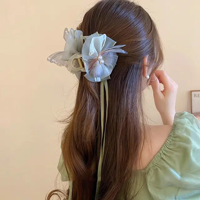 水中玉 高级感网纱蝴蝶超仙后脑勺盘发飘带鲨鱼夹 发夹 女款
