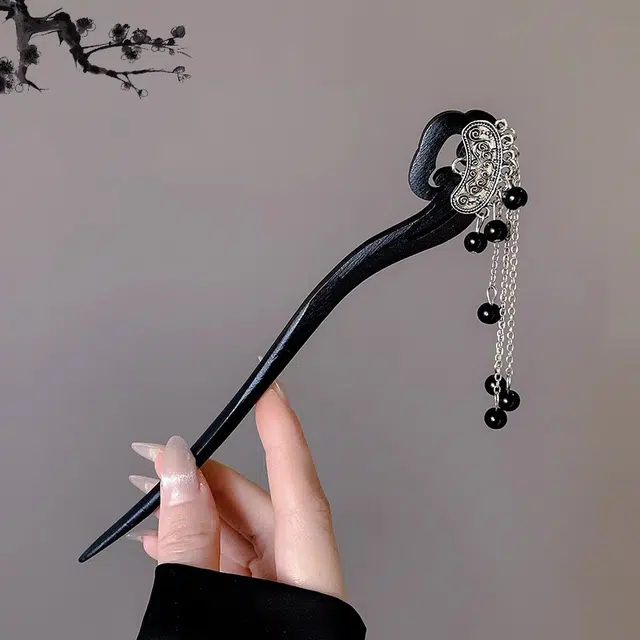 水中玉 祥云黑珠流苏 古风木质新中式步摇发钗马面裙 发簪 女款