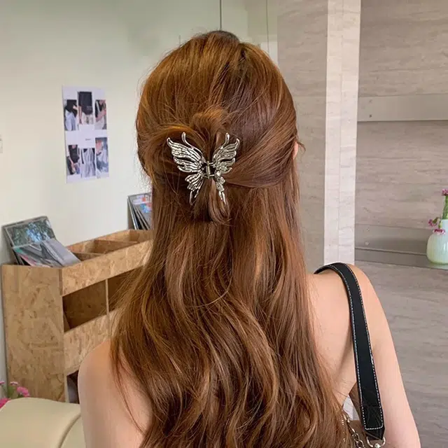 水中玉 银色金属蝴蝶抓夹女高级感后脑勺夹子半扎发头饰发卡 发夹 女款