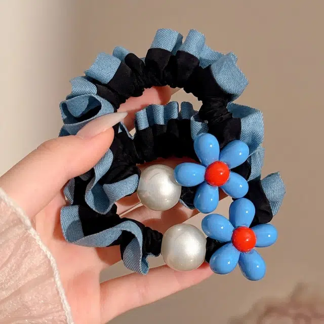 水中玉 法式蓝色小花蓝边小肠发圈百搭低马尾发绳头花发饰 皮筋 头绳 女款