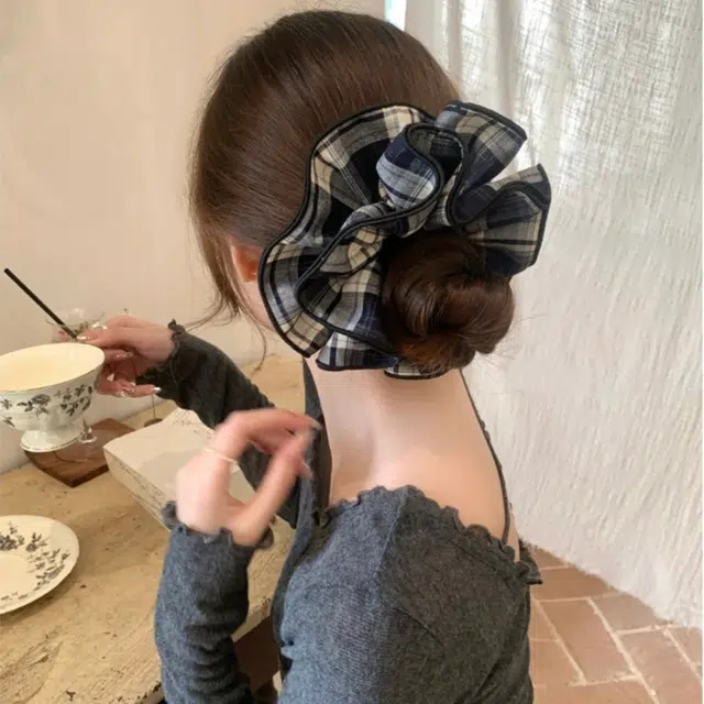 水中玉 复古格纹大肠发圈丸子头头花发绳扎头马尾皮筋头饰 布艺 头绳 女款