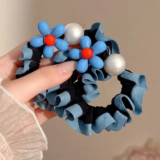 水中玉 法式蓝色小花蓝边小肠发圈百搭低马尾发绳头花发饰 皮筋 头绳 女款