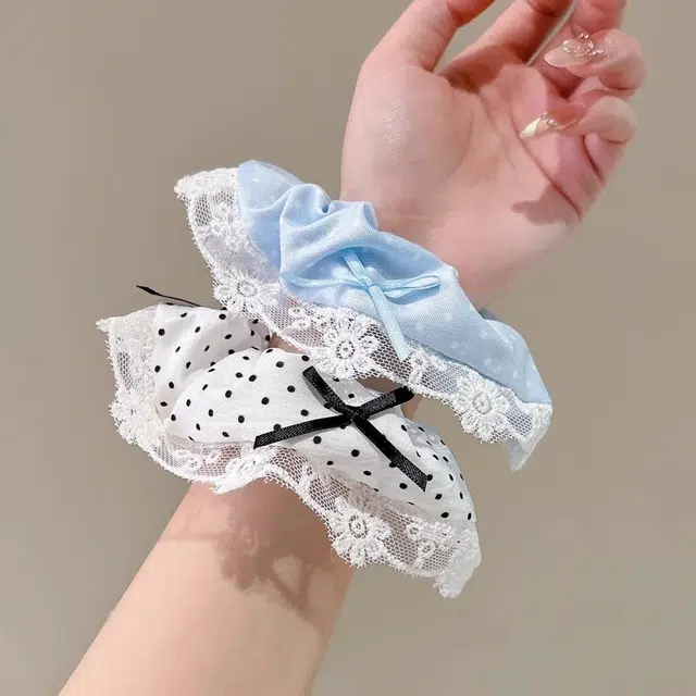 水中玉 韩系奶油波点大肠发圈蕾丝飘带蝴蝶结花边发绳扎头发饰 皮筋 头绳 女款
