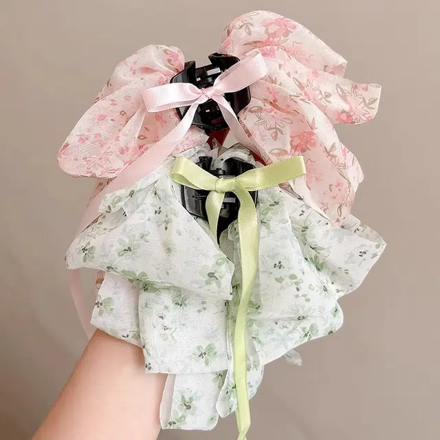 水中玉 森系蝴蝶结碎花飘带抓夹高级感后脑勺盘发鲨鱼夹子 亚克力 发夹 女款