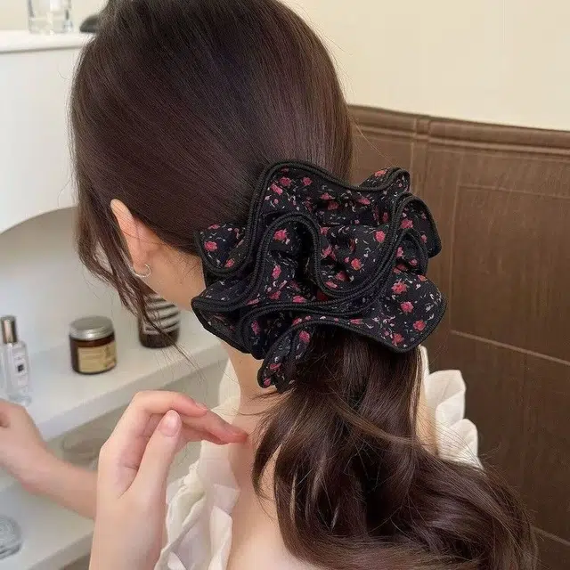 水中玉 法式玫瑰碎花大肠发圈扎头发发绳高级感丸子头头饰 布艺 头绳 女款
