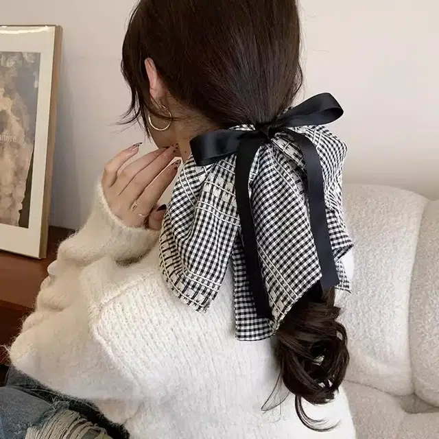 水中玉 韩系百搭格纹蝴蝶结方巾大肠头绳高级感发饰发绳 皮筋 发圈 女款