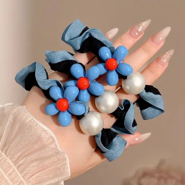 水中玉 法式蓝色小花蓝边小肠发圈百搭低马尾发绳头花发饰 皮筋 头绳 女款