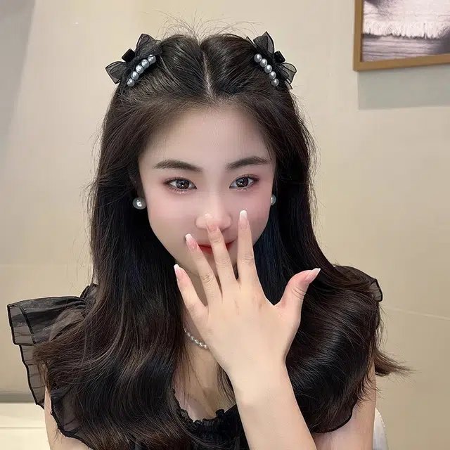 水中玉 珍珠网纱蝴蝶结小抓夹侧边前额刘海碎发卡子头饰 发夹 女款