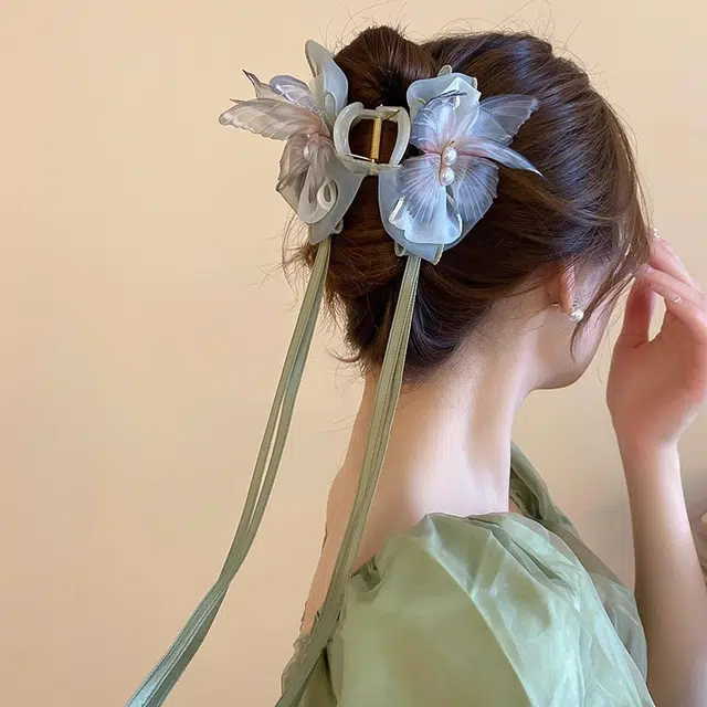 水中玉 高级感网纱蝴蝶超仙后脑勺盘发飘带鲨鱼夹 发夹 女款