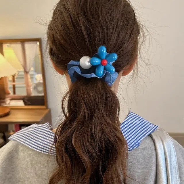 水中玉 法式蓝色小花蓝边小肠发圈百搭低马尾发绳头花发饰 皮筋 头绳 女款