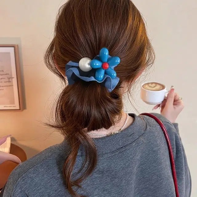 水中玉 法式蓝色小花蓝边小肠发圈百搭低马尾发绳头花发饰 皮筋 头绳 女款