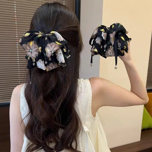 水中玉 碎花蝴蝶结抓夹后脑勺马尾夹半扎发发卡不伤发头饰#好运 亚克力 发夹 女款