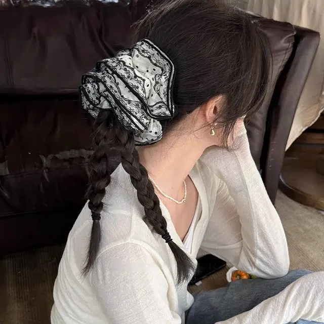 水中玉 蕾丝花边大肠发圈高弹力耐用丸子头低马尾发绳森系慵懒头饰 皮筋 头绳 女款