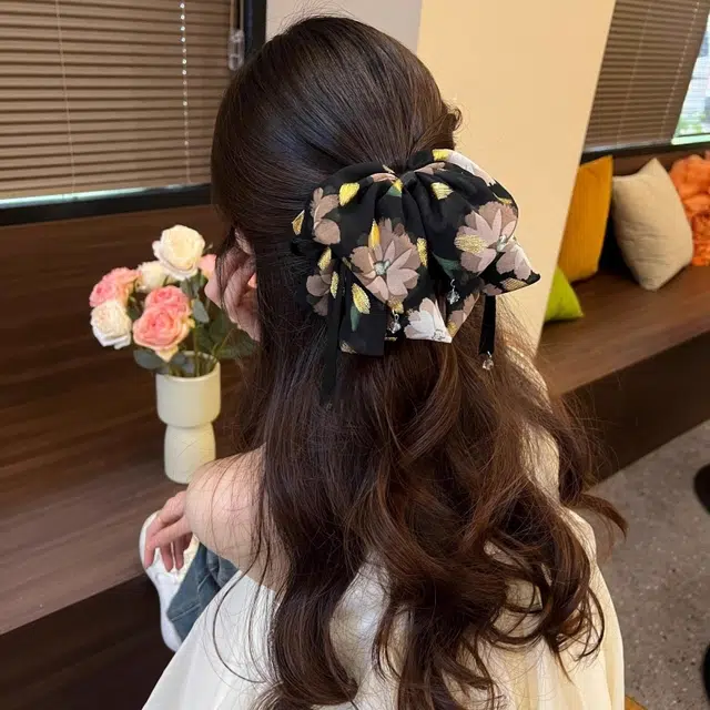 水中玉 碎花蝴蝶结抓夹后脑勺马尾夹半扎发发卡不伤发头饰#好运 亚克力 发夹 女款