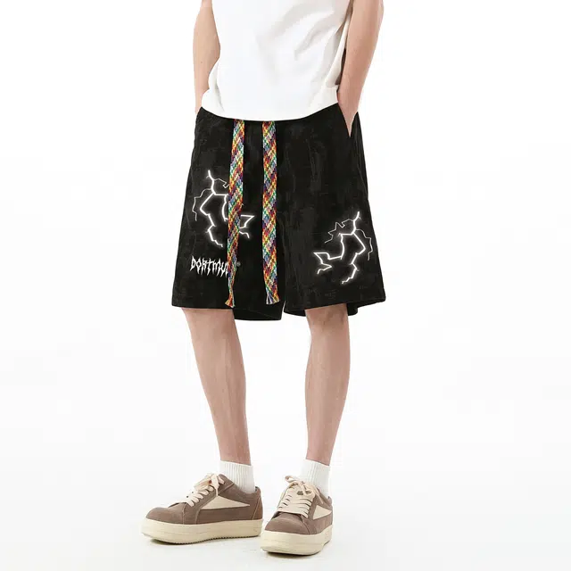 普鲁士多特蒙德 美式街头潮牌闪电荆棘字母吸湿速干中腰百搭训练透气宽松五分休闲短裤 男女同款