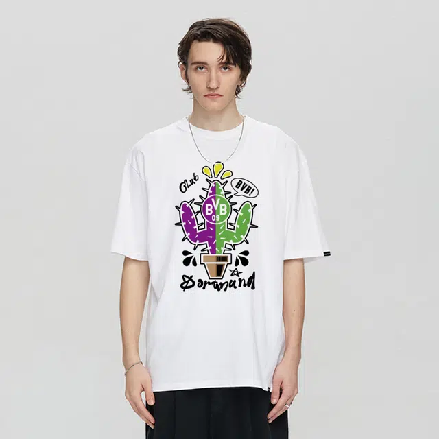 普鲁士多特蒙德 美式复古街头简约基础设计卡通仙人掌队徽潮牌印花宽松舒适百搭透气重磅纯棉速干运动凉感短袖中腰直筒垂顺牛仔裤套装 男女同款