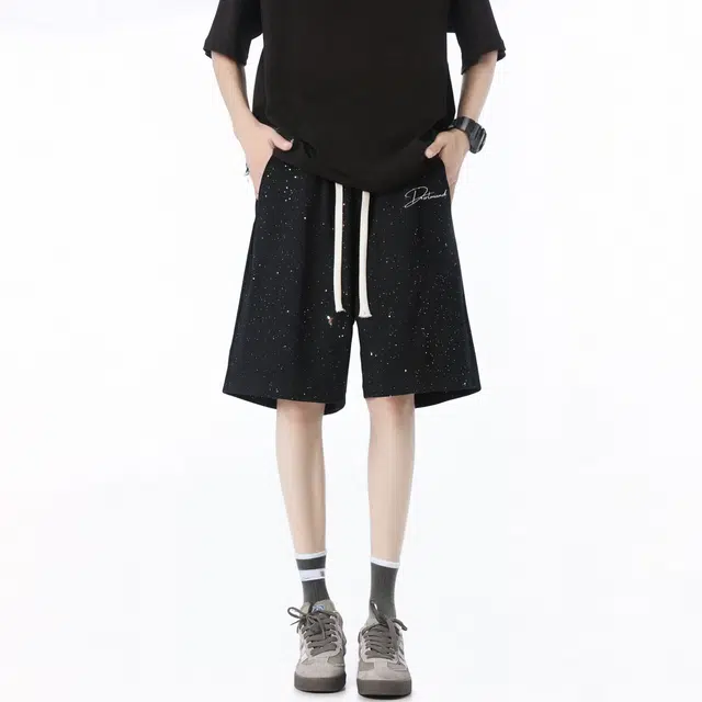 普鲁士多特蒙德 美式复古街头简约基础满天星设计手写花体潮牌印花宽松舒适百搭时尚潮流通勤透气凉感吸湿排汗速干抽绳运动五分休闲短裤 男女同款
