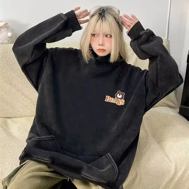 安之伴 卡通小熊慵懒个性做旧加绒加厚舒适宽松重磅百搭长袖卫衣 男女同款 水洗黑色