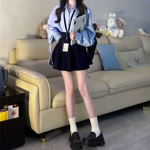 花蔓色 韩系学院风宽松温柔甜美衬衫休闲简约高腰百褶裙子裙装套装 女款