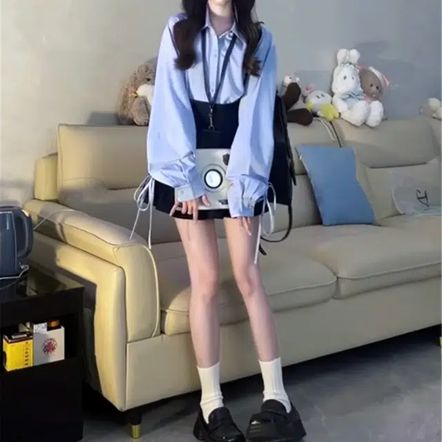 花蔓色 韩系学院风宽松温柔甜美衬衫休闲简约高腰百褶裙子裙装套装 女款