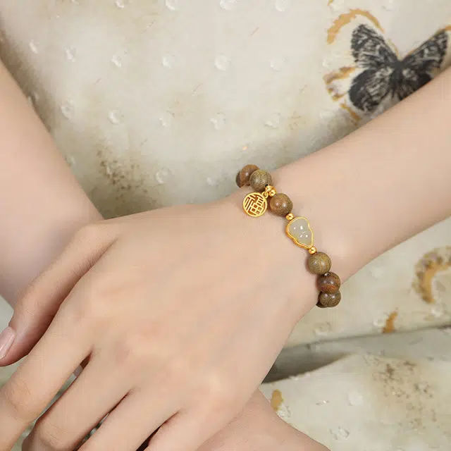 老福黄金 招财葫芦福牌串珠新中式国风温润大气优雅气质福禄吉祥国潮古韵福气满满#好运 绿檀 木作手串 女款