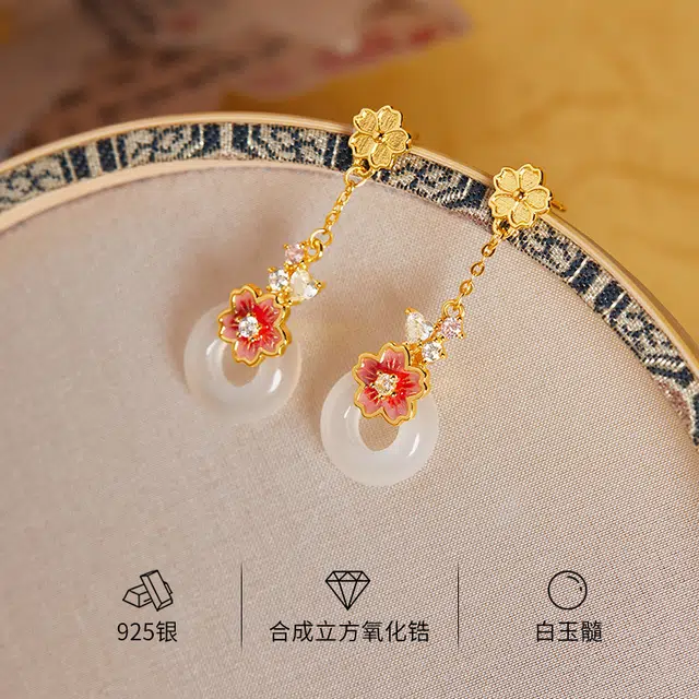 老福黄金 樱花平安扣耳坠新中式轻奢高级感复古简约百搭显白日常通勤汉服旗袍配饰平安吉祥好运 玉髓 耳环 女款