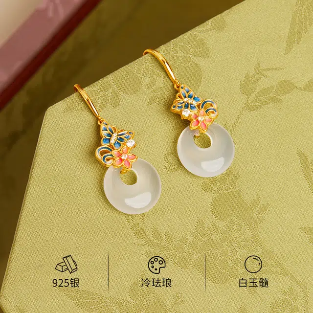 老福黄金 花间蝶梦中式复古耳钩蝴蝶平安扣小清新甜美简约百搭花朵#好运 玉髓 耳环 女款