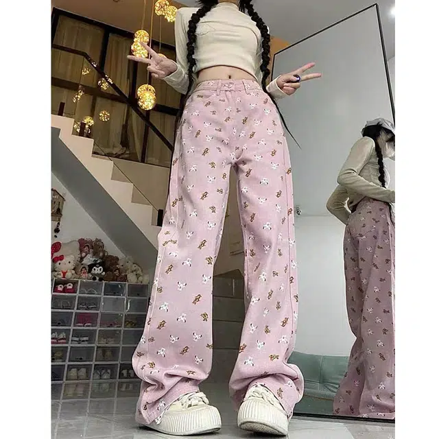 玉儿恋 甜美小个子印花可爱小熊宽松阔腿百搭碎花长裤高腰牛仔裤 女款